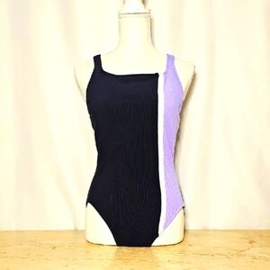 Vintage Jag One-piece Black & Lavendar Purple Swim Suit Nylon Blend Vtg Size 14